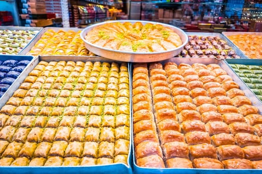 Turkish baklava Bazaar store in Istanbul view, famous food of Turkey