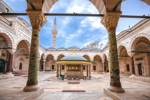 The Bayezid II Mosque in Istanbul courtyard and shadirvan view, landmarks of Turkey largest city