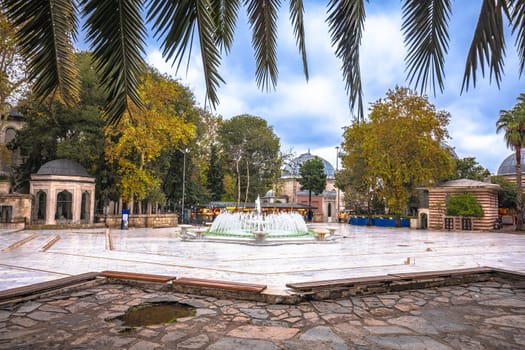 Eyüp Sultan Mosque marble square in Istanbul view, largest city of Turkey