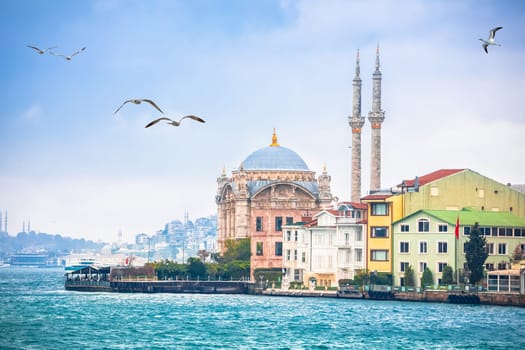 Ortakoy Mosque or Buyuk Mecidiye Camii and Bosphorus channel in Istanbul view, landmarks of Turkey largest city