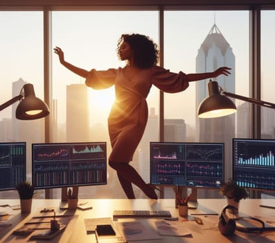 a stressed sensual secretary financial trader giving up in the office throwing all in the air generative ai art