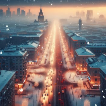 In the style of cinematic, a winter city scene under soft snowfall at dusk.