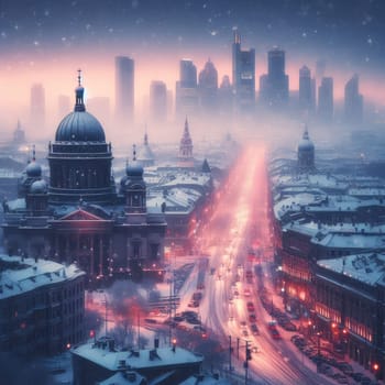 In the style of cinematic, a winter city scene under soft snowfall at dusk.