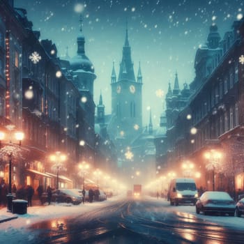 In the style of cinematic, a winter city scene under soft snowfall at dusk.