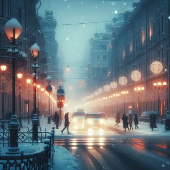 In the style of cinematic, a winter city scene under soft snowfall at dusk.