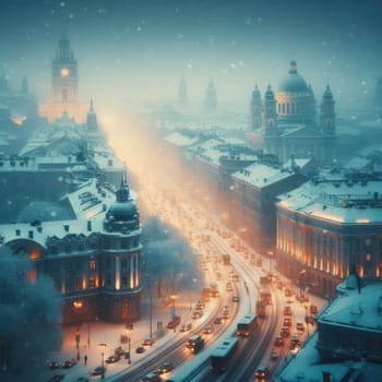 In the style of cinematic, a winter city scene under soft snowfall at dusk.