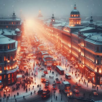 In the style of cinematic, a winter city scene under soft snowfall at dusk.