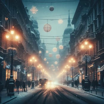 In the style of cinematic, a winter city scene under soft snowfall at dusk.