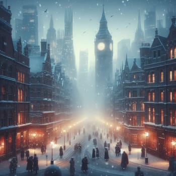 In the style of cinematic, a winter city scene under soft snowfall at dusk.