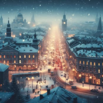 In the style of cinematic, a winter city scene under soft snowfall at dusk.