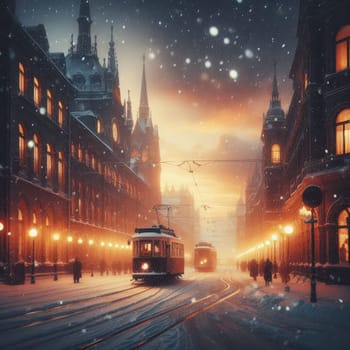 In the style of cinematic, a winter city scene under soft snowfall at dusk.