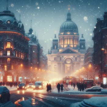 In the style of cinematic, a winter city scene under soft snowfall at dusk.