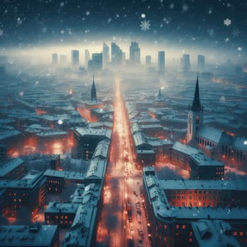 In the style of cinematic, a winter city scene under soft snowfall at dusk.