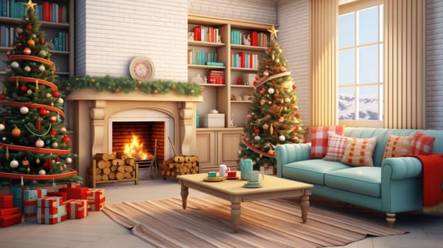 Interior of decorated living room with Christmas tree and comfortable sofa for family comeliness