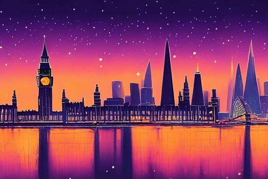 graphical art of the london skyline with reflection in the river themes in the evening ai genewrated, with the big ben and other buildings