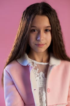 portrait of a beautiful girl in white pink clothes