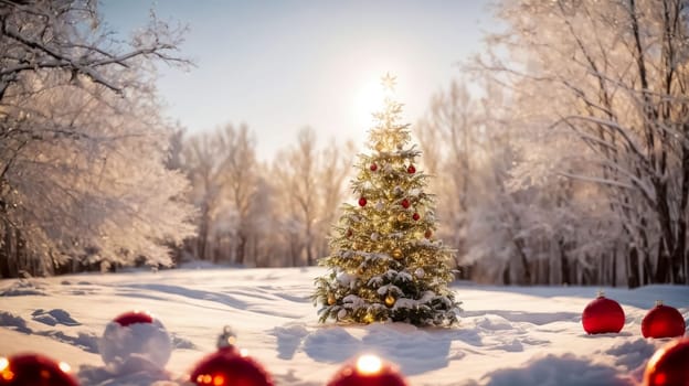Christmas background with cylindrical podium for promotions. Round stage for presentation sale product. Stage pedestal or platform in snow between Xmas trees, glass balls hanging