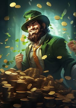 A St Patricks day leprechaun and a pot of gold coins. Dwarf in green clothes and boiler of golden coins. illustration design. High quality photo
