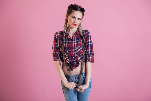 Beautiful woman braids in country shirt