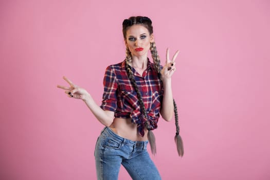 Beautiful woman braids in country shirt