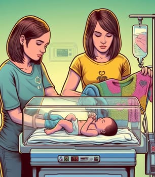 illustration depicting medical staff people at the hospital take care of newborn baby ai generated