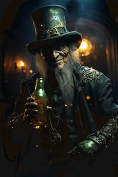 Cocktail. Dark-haired bearded young man wearing a green costume holding a glass with green beer in his hand. High quality photo