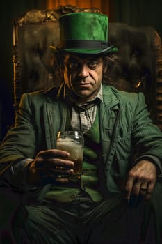 Cocktail. Dark-haired bearded young man wearing a green costume holding a glass with green beer in his hand. High quality photo