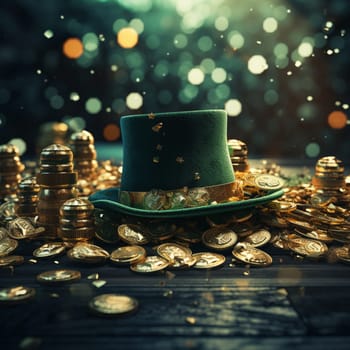 3D rendering Saint Patrick hat with gold coins close up. St.Patrick 's Day. High quality photo