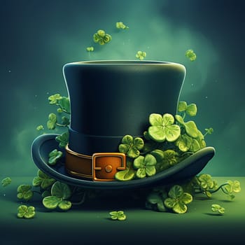 St. Patrick's day. 3d render illustration. Green leprechaun hat, clover and gold coins on dark background. Holiday card