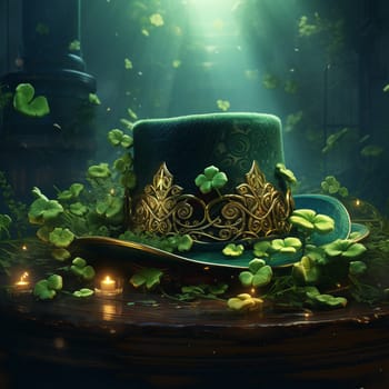 St. Patrick's day. 3d render illustration. Green leprechaun hat, clover and gold coins on dark background. Holiday card