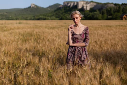 Beautiful fashionable woman blonde in a dress in a wheat field before harvest