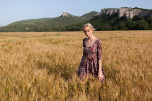 Beautiful fashionable woman blonde in a dress in a wheat field before harvest