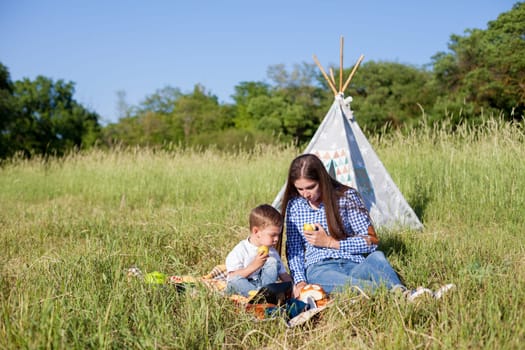 woman with her son on a picnic in a field near the forest