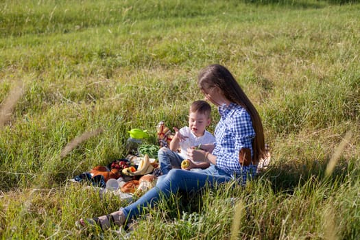 woman with her son on a picnic in a field near the forest