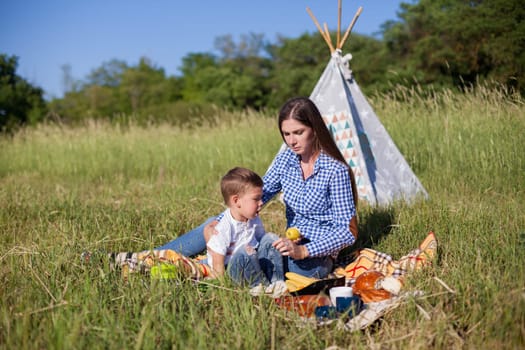 woman with her son on a picnic in a field near the forest