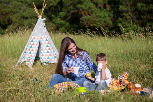 woman with her son on a picnic in a field near the forest