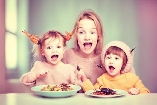 steampunk family eating bugs for dinner illustration ai generated art