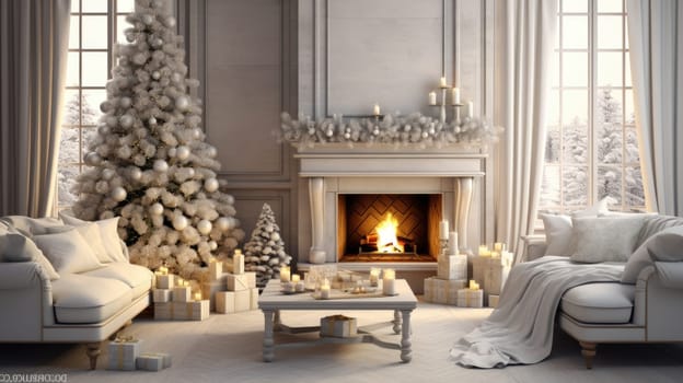 Interior of decorated living room with Christmas tree and comfortable sofa for family comeliness