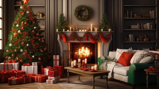 Interior of decorated living room with Christmas tree and comfortable sofa for family comeliness