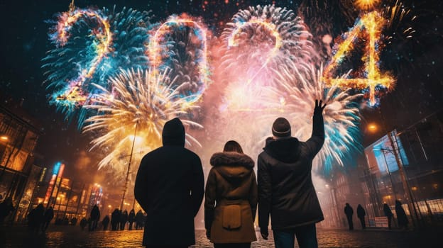 Firework explosion in the night sky celebrating happy new year 2024 . National firework shooting in the beautiful sky for a new year day of year 2024 .