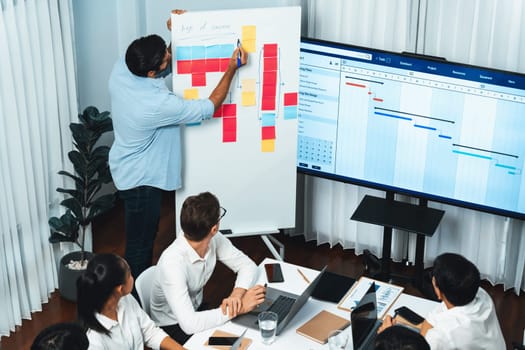 Project manager communicate and collaborate with team using project management software display on monitor, tracking progress of project task and making schedule plan at meeting table. Prudent