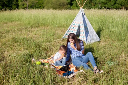 Beautiful woman with her beloved son on a picnic in the woods