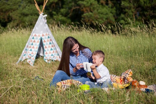 Beautiful woman with her beloved son on a picnic in the woods