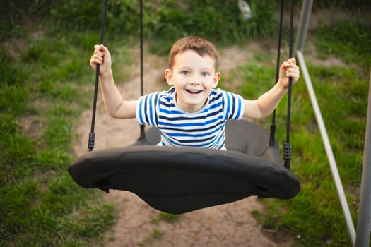 Little boy in striped t-shirt swinging in the swing-nest at a park on summer day. Entertainment for kids outdoors.