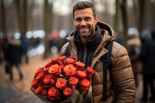 Valentine's Day Romance: Happy Man with Bouquet of Exquisite Pink Roses.