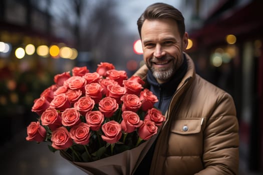 Romantic gesture: A handsome man presents a bouquet of pink roses for Valentine's Day