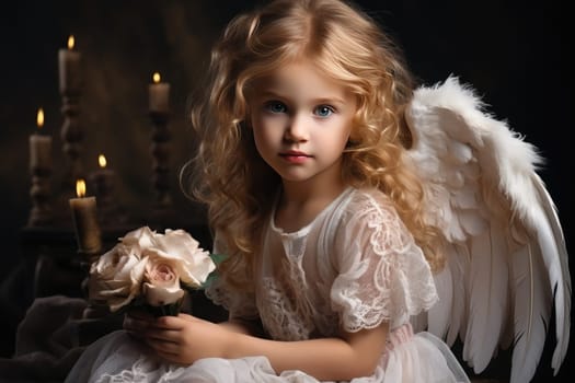 A little girl delights with her tenderness, holding flowers in her hands, dressed in a magical angel costume.