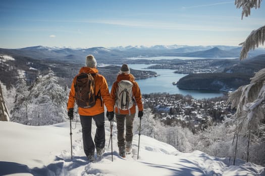 Couple in love enjoying winter beauty at delightful ski resort.