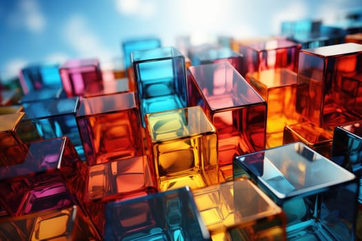 Colorful glass cubes arranged to form an abstract background with dynamic, multihued reflections and beautiful patterns. Perfect for modern art and design concepts.