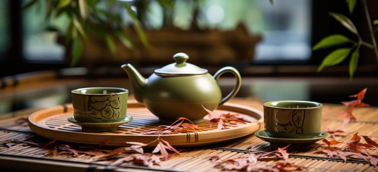 Create an atmosphere of harmony and well-being with green tea served with a teapot and mug on a bamboo tray. Relax and enjoy moments of peace and tranquility